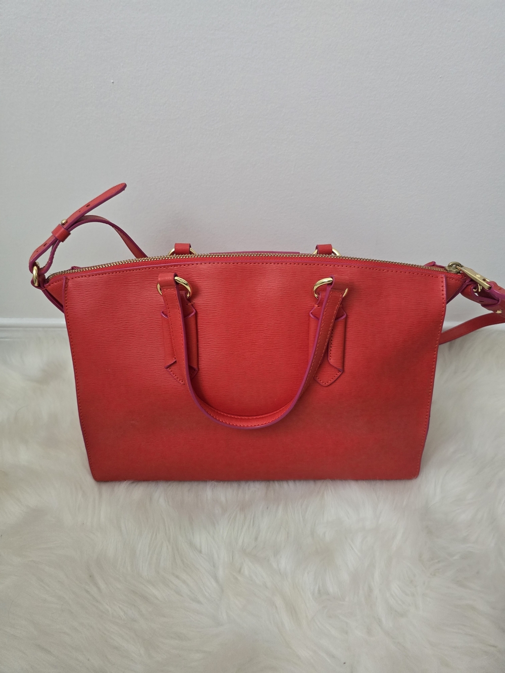 Lauren Ralph Lauren Leather Satchel Crossbody Coral Red Gold Hardware - Picture 4 of 11